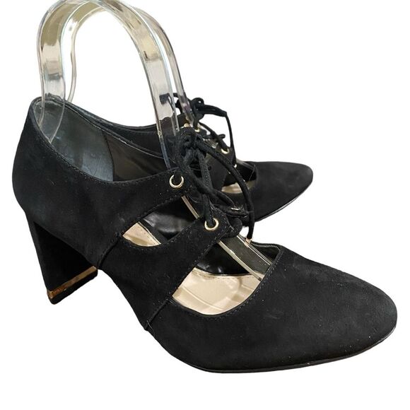 Alfani Prima Binddi Lace Up Pumps Block Heel Black Suede SZ 6.5 Whimsigoth Vamp - Picture 5 of 10